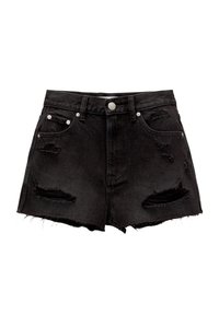 Shorts in denim nero con vita alta, orli sfrangiati e numerosi strappi. Presentano hardware argentato e un design tradizionale a cinque tasche.