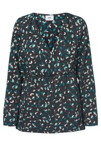 Top lungo nero con maniche a manica lunga, scollatura a V, vita elastica e un motivo di foglie in tonalità teal, grigio e rosa su un tessuto testurizzato.