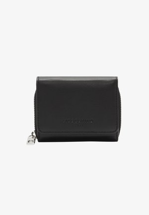 Portafoglio in pelle nera con chiusura a zip, forma rettangolare compatta, logo del marchio in rilievo sul davanti e dettagli in metallo argentato.