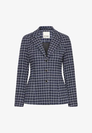 Navy checkered blazer with a textured fabric, notched collar, and three black button closures. Tailored fit with a structured silhouette.