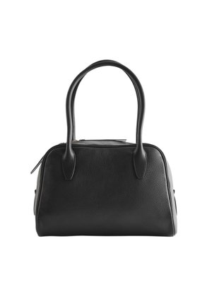 Schwarze Lederhandtasche mit strukturierter Form, texturierter Oberfläche, zwei Griffen und einem oberen Reißverschluss. Keine äußeren Verzierungen.