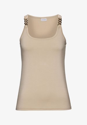 Tan tank top with a smooth texture, featuring gold chain accents on the shoulder straps and a fitted design with a rounded neckline.