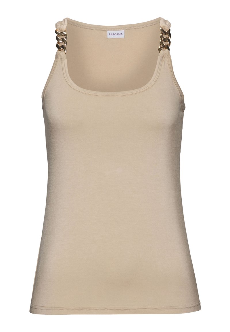 Tan tank top with a smooth texture, featuring gold chain accents on the shoulder straps and a fitted design with a rounded neckline.