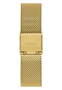 Bracciale in maglia d'oro con design elegante, motivo in maglia testurizzata e chiusura con il nome del marchio 'GUESS' incisa.