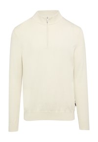 Lichte crème pullover met een hoge kraag, kwart-rits aan de voorkant, lange mouwen, geribde manchetten en een aansluitende zoom. Glad gebreide textuur.