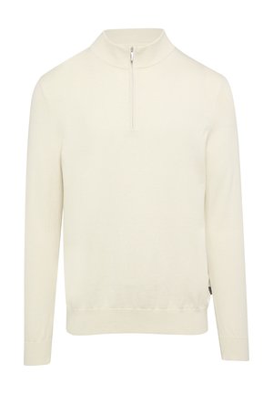 Jasna kremowa bluza z wysokim kołnierzem, ćwierć-zamkiem z przodu, długimi rękawami, ściągaczami przy nadgarstkach i dopasowanym wykończeniem. Gładka dzianinowa struktura.