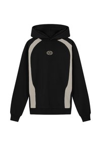 Zwarte hoodie met lichtbeige zijpanelen, featuring een logo aan de voorkant en een grote capuchon. Gemaakt van zachte stof met ribgebreide manchetten en zoom.