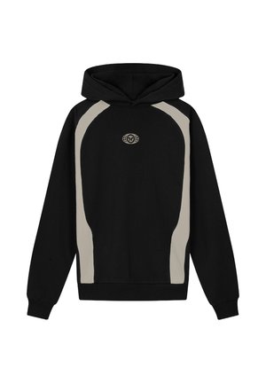 Zwarte hoodie met lichtbeige zijpanelen, featuring een logo aan de voorkant en een grote capuchon. Gemaakt van zachte stof met ribgebreide manchetten en zoom.
