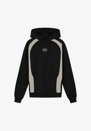 Black hoodie with light beige side panels, featuring a front logo and a large hood. Made of soft fabric with ribbed cuffs and hem.
