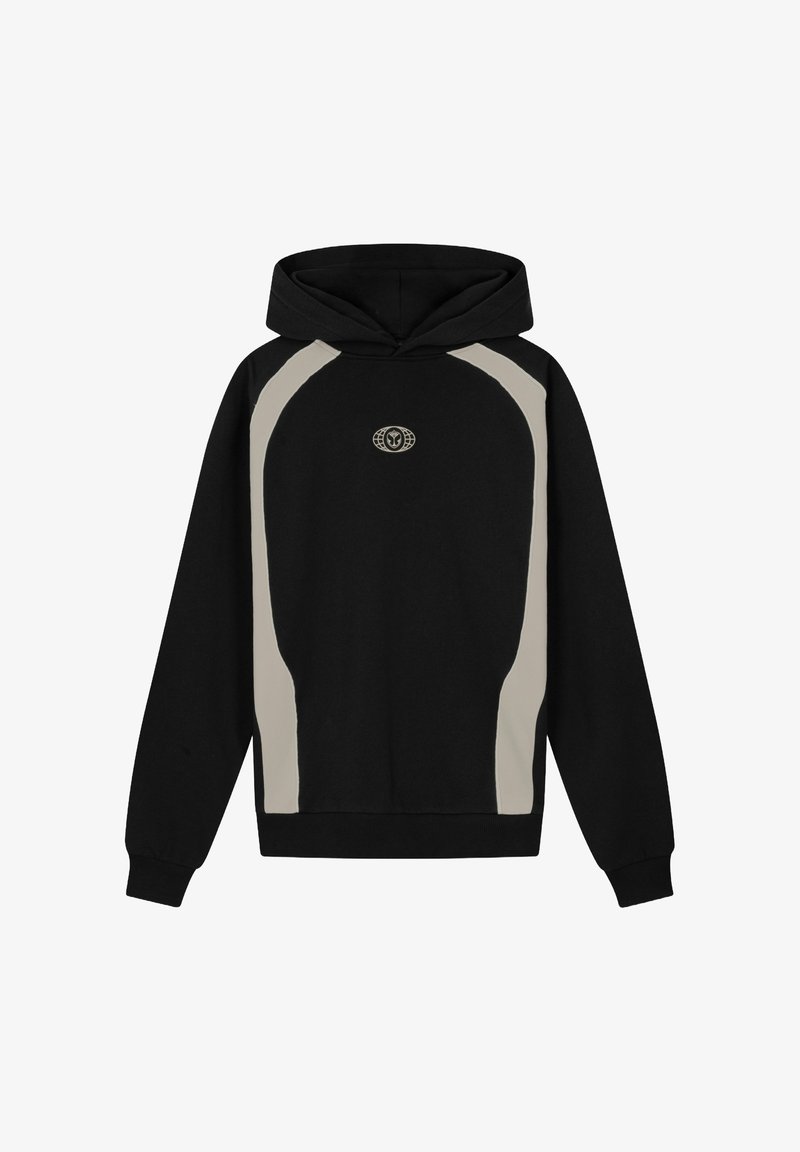 Zwarte hoodie met lichtbeige zijpanelen, featuring een logo aan de voorkant en een grote capuchon. Gemaakt van zachte stof met ribgebreide manchetten en zoom.