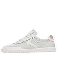 White mesh sneaker with rounded toe, padded collar, flat laces, and textured rubber sole. Features a subtle design accent on the side.