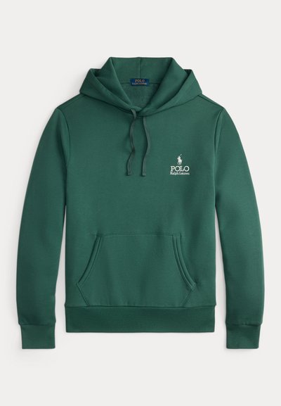 Grön bomullshoodie med framficka i kängurustil, snörning i huven och vit "Polo Ralph Lauren"-logga på bröstet. Mjuk textur.