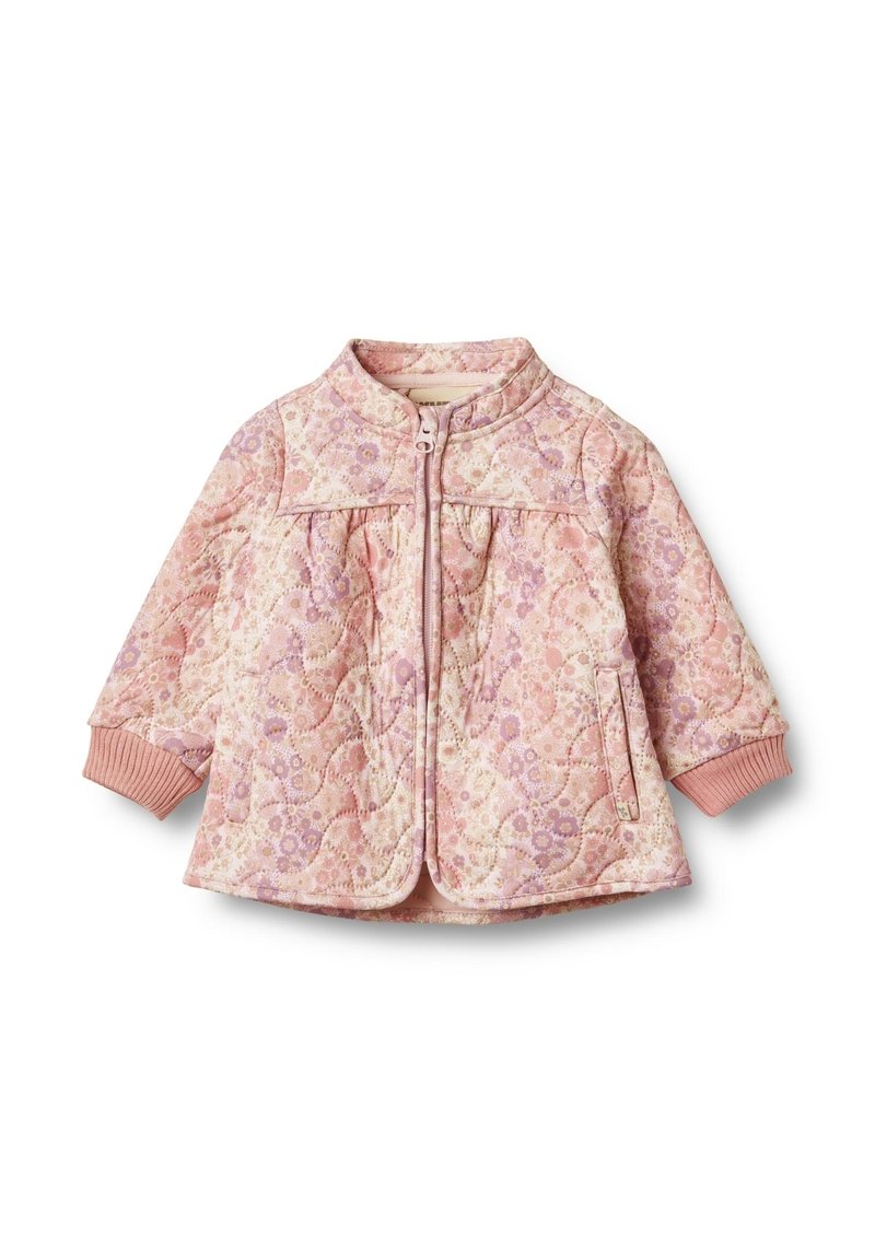 Quilted Jacke in Pastellpink mit floralem Muster, Reißverschluss vorne, gerippten Bündchen und seitlichen Taschen. Leichtes Design, das sich gut zum Schichten eignet.