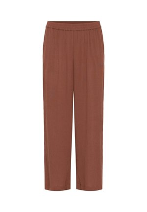 Pantalon marron à coupe ample avec une taille élastique, des jambes droites et un tissu subtilement texturé, présenté sur un fond blanc.