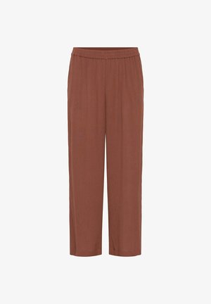 Laiad lõikega pruunid püksid, millel on elastne vöökoht, sirged sääred ja õrnalt tekstureeritud kangas, esitatud valgel taustal.