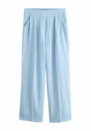 Svetlomodré nohavice s širokými nohavicami, vysokým pásom a bočnými vreckami, vyrobené z textúrovanej látky.