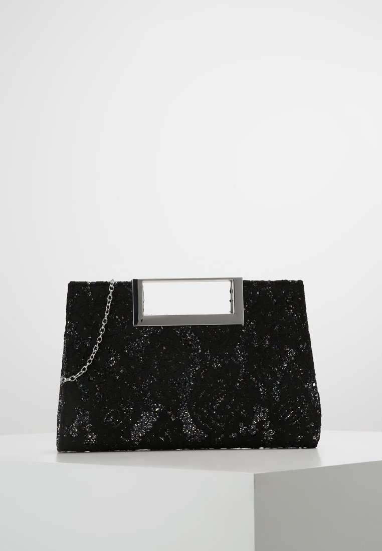 Musta paljetein koristeltu käsilaukku, jossa on suorakulmainen hopeakehys, irrotettava ketjun olkahihna ja teksturoidun kukkakuosin.