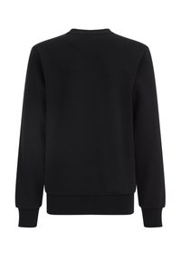 Črna jopica s krožnim izrezom, rebrastimi manšeti in obrobjem. Opremljena z teksturirano tkanino in diskretnim blagovnim znakom ob strani.