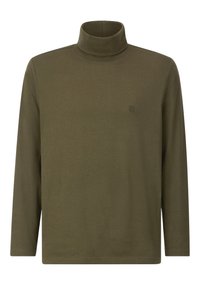 Olivengrüner Rollkragenpullover mit langen Ärmeln aus weichem Stoff, verfügt über einen figurbetonten Hals und minimalistische Logodetails auf der Brust.
