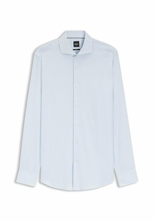 Lichtblauw herenoverhemd met lange mouwen, knoopsluiting aan de voorkant en een klassieke kraag, plat uitgestald tegen een witte achtergrond.