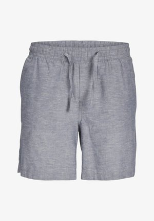 Jasnoszare szorty z lnu z elastycznym pasem i sznurkiem, charakteryzujące się gładką teksturą i bocznymi kieszeniami. Zaprojektowane z myślą o komforcie i przewiewności.