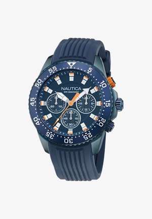 Nautica tumes sinine kronograaf kell tekstureeritud silikoonrihmaga, kolme aladialiga, valgete ja oranžide aktsentidega ning märgistatud äärisega. Veekindel kuni 100 m.
