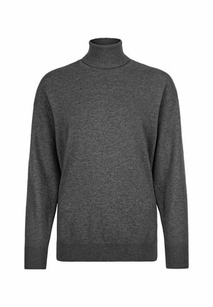 Pull en laine turtleneck gris foncé avec manches longues et poignets et ourlet côtelés, présenté sur un fond blanc.