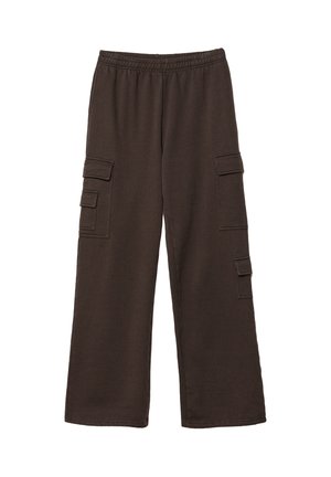 Pantaloni cargo marroni con vestibilità morbida, realizzati in un tessuto morbido. Caratterizzati da una vita elastica e da diverse tasche esterne ai lati.