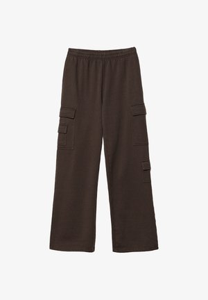 Ruskeat cargo-housut, joissa on rento istuvuus ja pehmeä kangas. Varustettu joustavalla vyötäröllä ja useilla ulkoisilla taskuilla sivuilla.