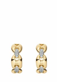 Gold-tone earrings featuring a linked design with oval accents. Each accent is adorned with small, round clear stones for added detail.