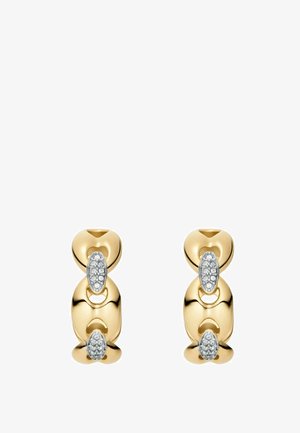 Ohrringe in Gold-Optik mit einem verbundenen Design und ovalen Akzenten. Jede Verzierung ist mit kleinen, runden, klaren Steinen verziert, um zusätzliche Details zu bieten.