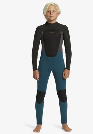 Schwarzer und türkisfarbener Neoprenanzug mit langen Ärmeln und Knieschutz, mit glatter Textur und figurbetontem Design für Wasseraktivitäten.