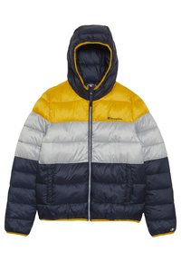 Pufferjacka med huva, med horisontella färgblock i gult, grått och marinblått. Dragkedja fram och elastiska muddarna med logotypdetalj.