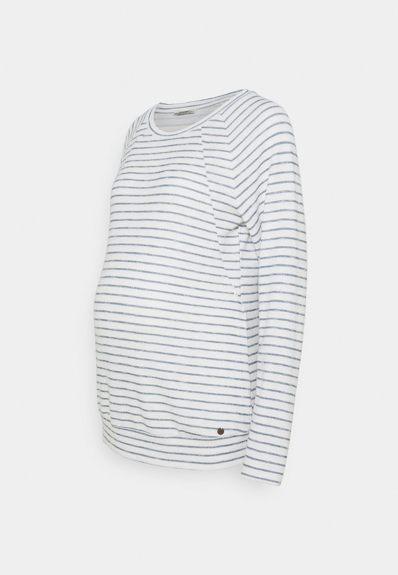 Langarm zwangerschapsblouse met witte en lichtblauwe horizontale strepen en een ronde halslijn.
