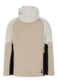 Beige en witte jas met capuchon, voorzien van zwarte zijpanelen. Soepele textuur, minimalistisch ontwerp en logo op het gebied van de achterhals.