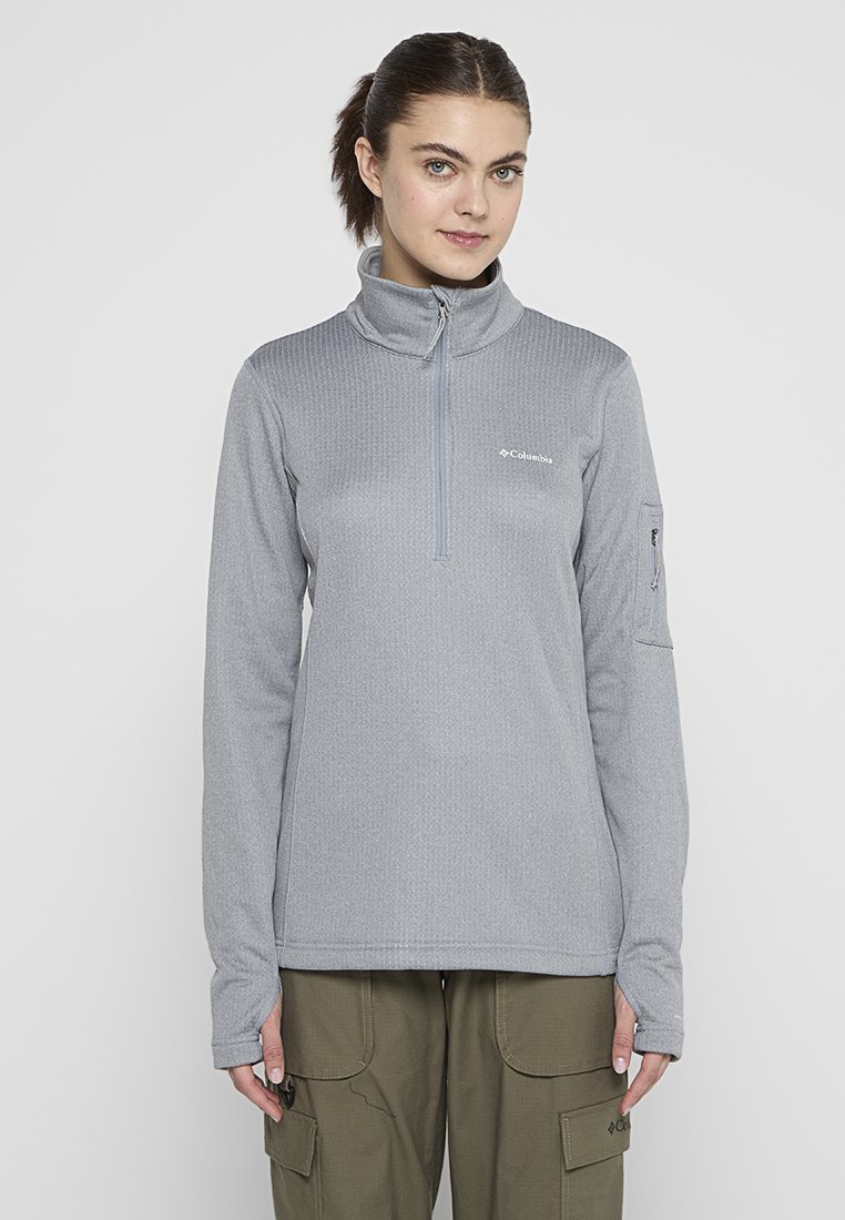 Suéter gris de manga larga con cuello con cremallera. Presenta una tela texturizada y un bolsillo con cremallera en la manga. Logo exhibido en el pecho.