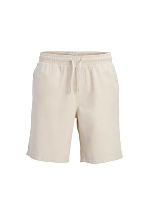 Pantalones cortos beige casual con cinturilla elástica y cordón delantero, hechos de tela texturizada, exhibidos sobre un fondo blanco.