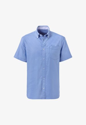 Koszula z krótkim rękawem zapinana na guziki w jasnoniebieskim bawełnianym materiale z pojedynczą kieszonką na piersi oraz w paski wykończeniem kołnierzyka. Gładka faktura, luźny krój.