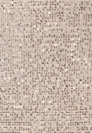 Bež tkanina gusto prekrivena srebrnim šljokicama raspoređenim u horizontalnim redovima, stvarajući sjajnu teksturu.
