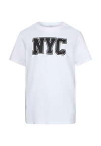 Vit bomull t-shirt med en svart "NYC" grafisk tryck på framsidan. Korta ärmar och en klassisk rund halsringning. Slät textur.