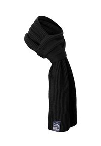 Black knitted scarf with a ribbed texture, featuring a tag with a logo and the text "EST. MMXIII" on one end. Long, versatile shape.