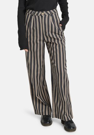 Black and beige vertical striped trousers featuring a high waist, wide legs, and front pockets. The fabric is smooth with a slight sheen.