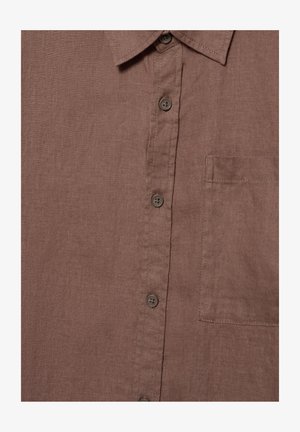 Barna len ing elölről, ahogy látható a gallér, négy gomb és egy jobb oldali mellzseb.