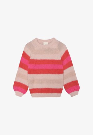 Strikket sweater i pink og røde striber, med rund halsudskæring og lange ærmer. Blød tekstur med varierede stribebredder og farver.