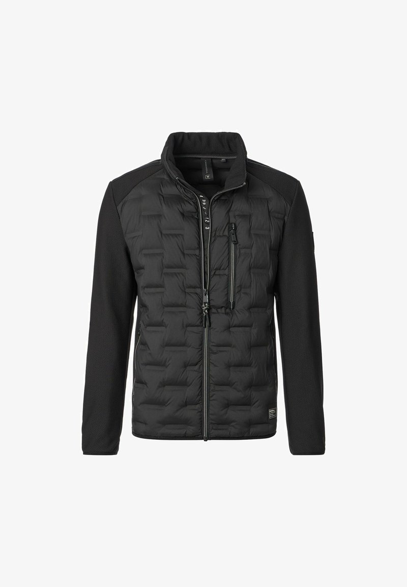 Czarna pikowana kurtka z pełnym zamkiem z przodu, zamykaną kieszenią na piersi oraz gładkimi rękawami i ramionami.