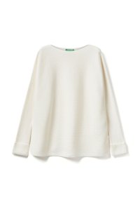 Biała, prążkowana bluzka z długim rękawem i okrągłym dekoltem, z szerokimi rękawami i luźnym krojem. Materiał wydaje się miękki i teksturowany.