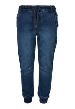 Mørkeblå denim joggebukser med elastisk midjebånd og snøring, tapered benavslutninger og sidelommer. Glatt tekstur.