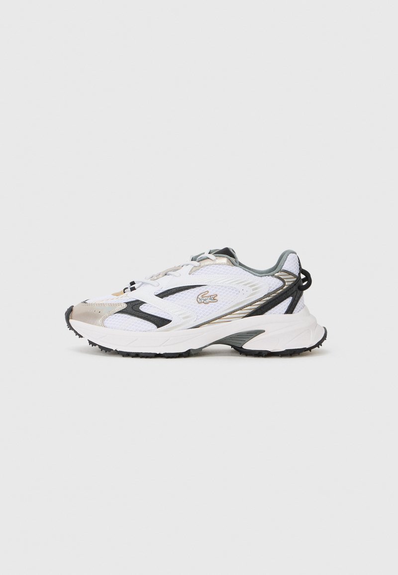White athletic shoe with silver and black accents, mesh upper, textured sole, and a streamlined design featuring a logo on the side.