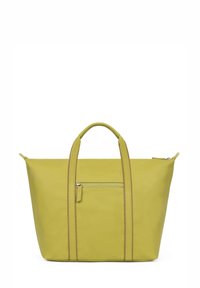 Borsa tote in pelle gialla con cuciture marroni a contrasto, due manici e una tasca frontale con cerniera. Texture liscia e forma angolare.