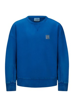 Blauwe trui met ronde hals, voorzien van ribgebreide manchetten en zoom. Klein label op de borst. Zachte textuur, casual pasvorm.